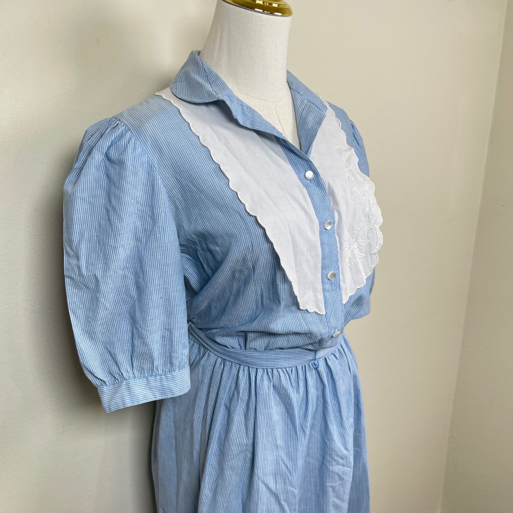Vintage Pin Stripe Shirt Dress Womens 10 Blue Floral Embroidery Bib Collar 80s - Picture 5 of 13